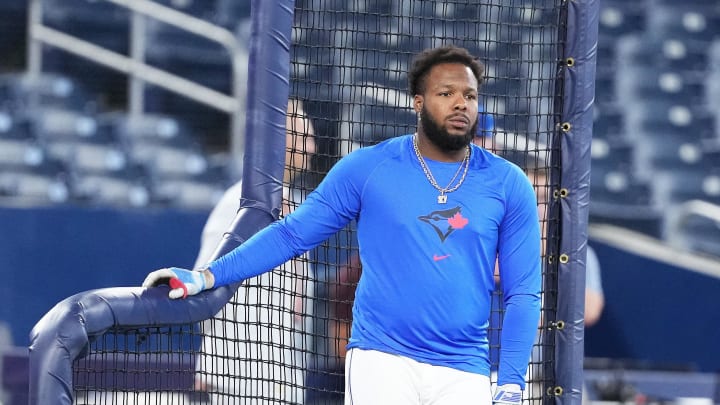 Toronto Blue Jays first base Vladimir Guerrero Jr. (27) watches batting practice before a game against the Oakland Athletics at Rogers Centre on Aug 9.