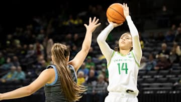 Oregon guard Ari Long goes up for the Ducks as the Oregon Ducks host the Warner Pacific Knights in an exhibition game Friday, Nov. 1, 2024 at Matthew Knight Arena in Eugene, Ore.