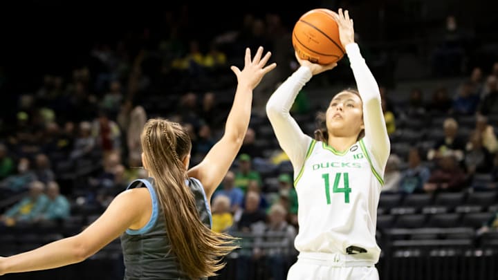 Oregon guard Ari Long goes up for the Ducks as the Oregon Ducks host the Warner Pacific Knights in an exhibition game Friday, Nov. 1, 2024 at Matthew Knight Arena in Eugene, Ore.
