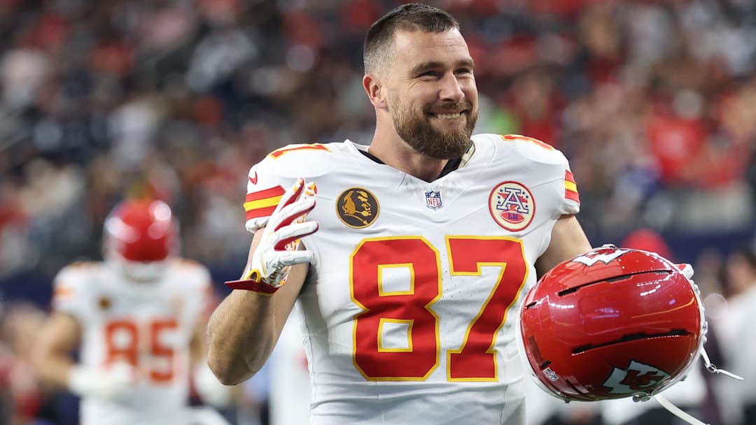 Nov 27, 2025; Arlington, Texas, USA; Kansas City Chiefs tight end Travis Kelce (87) warms up prior to the game against the Dallas Cowboys at AT&T Stadium. Mandatory Credit: Kevin Jairaj-Imagn Images
