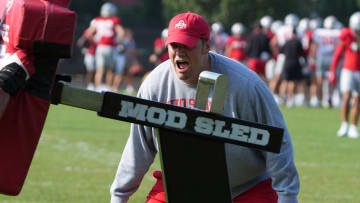 Aug 11, 2023; Columbus, OH, USA; Justin Frye, Associate Head Coach for Offense / Offensive Line Coach,  during the August 11, 2023 football practice at the Woody Hayes Athletic Center.