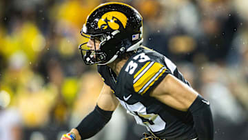 Iowa defensive back Riley Moss (33) warms up during a NCAA football game against Nevada, Saturday, Sept. 17, 2022, at Kinnick Stadium in Iowa City, Iowa.