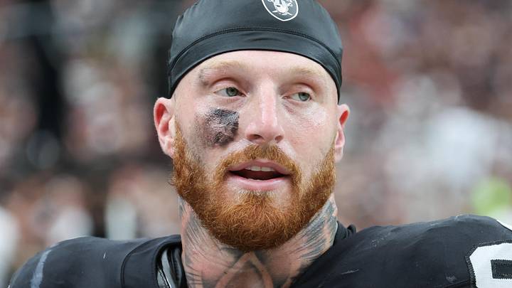 Sep 28, 2025; Paradise, Nevada, USA; Las Vegas Raiders defensive end Maxx Crosby (98) looks on from the sideline during the first quarter against the Chicago Bears at Allegiant Stadium. Mandatory Credit: Kiyoshi Mio-Imagn Images