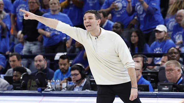 May 9, 2024; Oklahoma City, Oklahoma, USA; Oklahoma City Thunder head coach Mark Daigneault gestures to his team during a play against the Dallas Mavericks during the second half of game two of the second round for the 2024 NBA playoffs at Paycom Center. Mandatory Credit: Alonzo Adams-Imagn Images