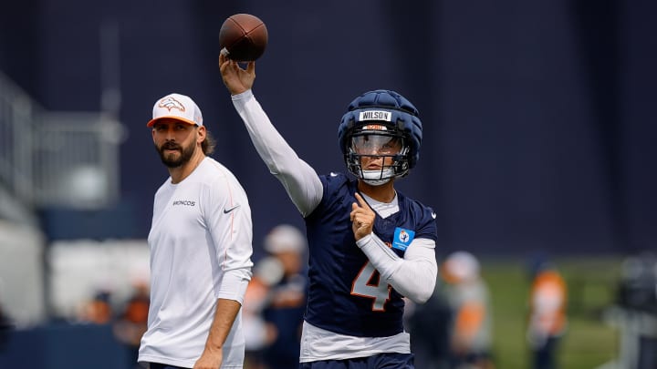 Jul 26, 2024; Englewood, CO, USA; Denver Broncos quarterback Zach Wilson (4) during training camp at Broncos Park Powered by CommonSpirit. 