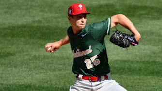 Jul 8, 2023; Seattle, Washington, USA; National League Futures starting pitcher Mick Abel (25) of the Philadelphia Phillies pitches to the American League during the first inning of the All Star-Futures game at T-Mobile Park