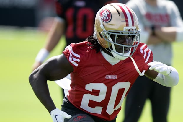 San Francisco 49ers cornerback Upton Stout (20) runs a play during the first day of training camp at SAP Performance Facility