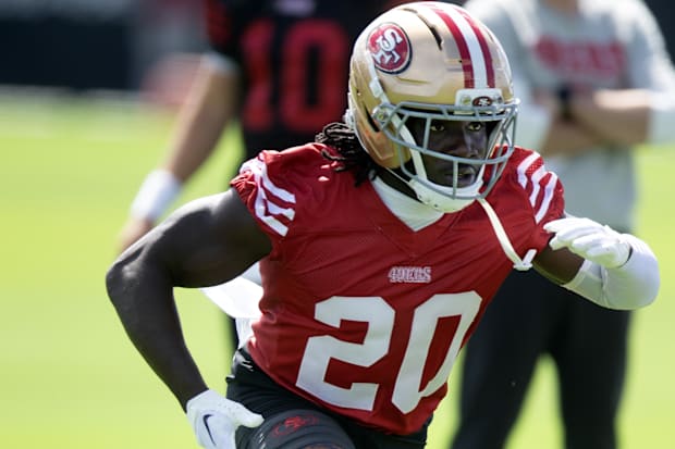 San Francisco 49ers cornerback Upton Stout (20) runs a play during the first day of training camp at SAP Performance Facility