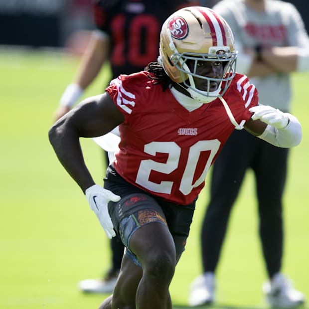 San Francisco 49ers cornerback Upton Stout (20) runs a play during the first day of training camp at SAP Performance Facility