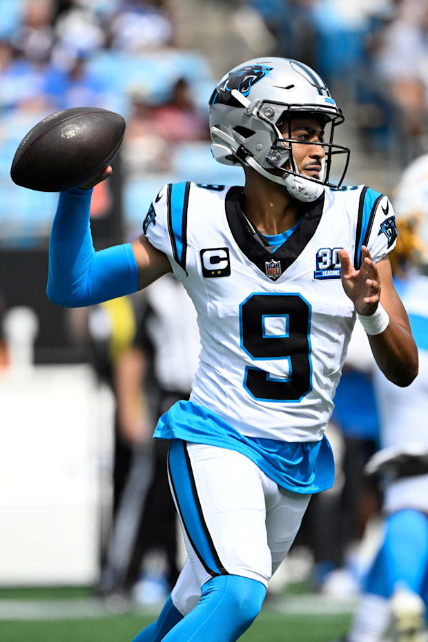Carolina Panthers quarterback Bryce Young looks to pass in the third quarter at Bank of America Stadium
