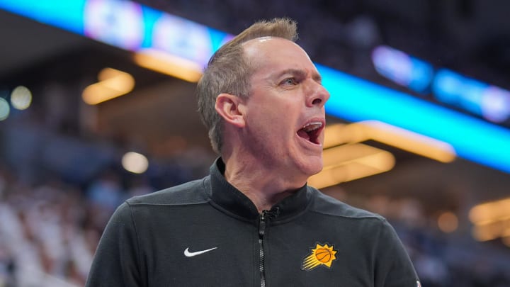 Apr 23, 2024; Minneapolis, Minnesota, USA; Phoenix Suns head coach Frank Vogel looks on against the