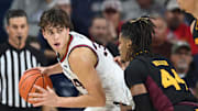 Gonzaga Bulldogs forward Braden Huff (34) fights for position against former Arizona State Sun Devils and current Gonzaga guard Adam Miller (44) in the first half of last season's meeting at McCarthey Athletic Center.