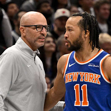 Nov 27, 2024; Dallas, Texas, USA; Dallas Mavericks head coach Jason Kidd and New York Knicks guard Jalen Brunson (11) during the game between the Dallas Mavericks and the New York Knicks at the American Airlines Center. Mandatory Credit: Jerome Miron-Imagn Images