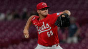 Cincinnati Reds pitcher Carson Spiers (68) throws to the San Diego Padres as thunderstorms make their way to Great American Ball Park in Cincinnati Wednesday, May 22, 2024.