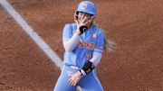 Tennessee outfielder Taylor Pannell (3) celebrates making it to third base safely during a softball game between Tennessee and Auburn at Sherri Parker Lee Stadium at University of Tennessee, in Knoxville, Tenn., April 18, 2025.