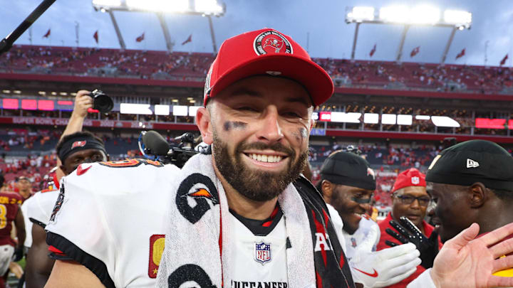 Sep 8, 2024; Tampa, Florida, USA; Tampa Bay Buccaneers quarterback Baker Mayfield (6) celebrates after beating the Washington Commanders at Raymond James Stadium. Mandatory Credit: Nathan Ray Seebeck-Imagn Images