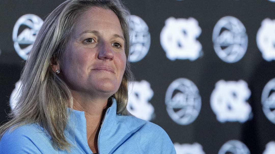 Oct 9, 2024; Charlotte, NC, USA; North Carolina head coach Courtney Banghart during ACC Media Days at The Hilton Charlotte Uptown. Mandatory Credit: Jim Dedmon-Imagn Images