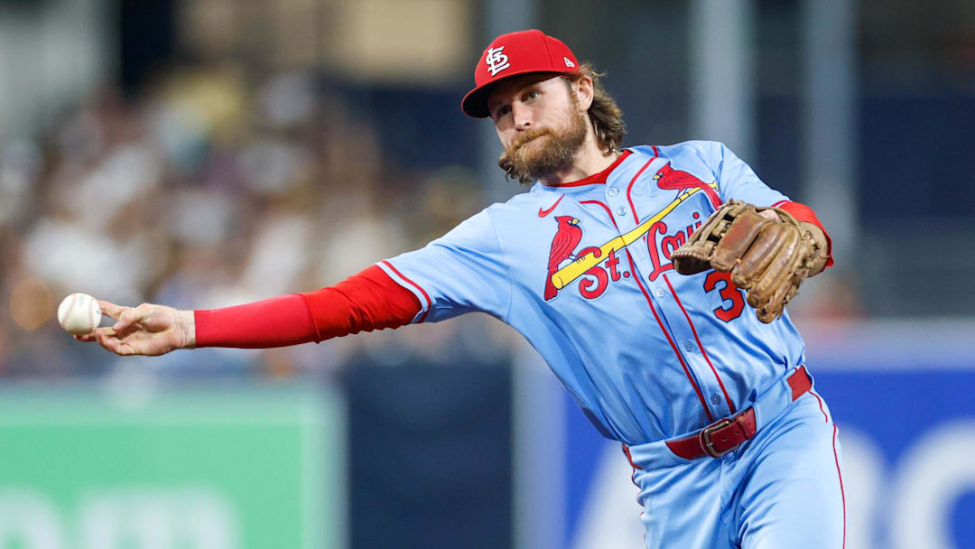 Aug 2, 2025; San Diego, California, USA; St. Louis Cardinals second baseman Brendan Donovan (33) makes a throw to first base for an out during the third inning against the San Diego Padres at Petco Park. Mandatory Credit: David Frerker-Imagn Images