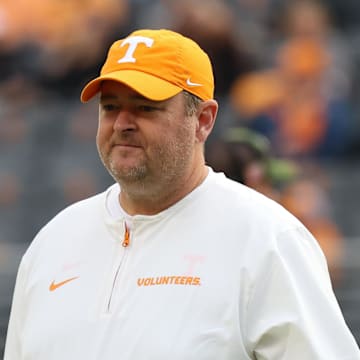 Nov 15, 2025; Knoxville, Tennessee, USA;  Tennessee Volunteers head coach Josh Heupel before the game against the New Mexico State Aggies at Neyland Stadium. Mandatory Credit: Randy Sartin-Imagn Images