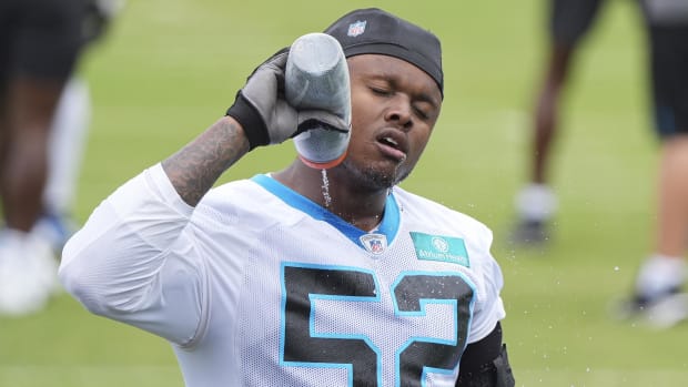 Carolina Panthers linebacker DJ Johnson (52) during OTAs. Credit: Jim Dedmon-USA TODAY Sports