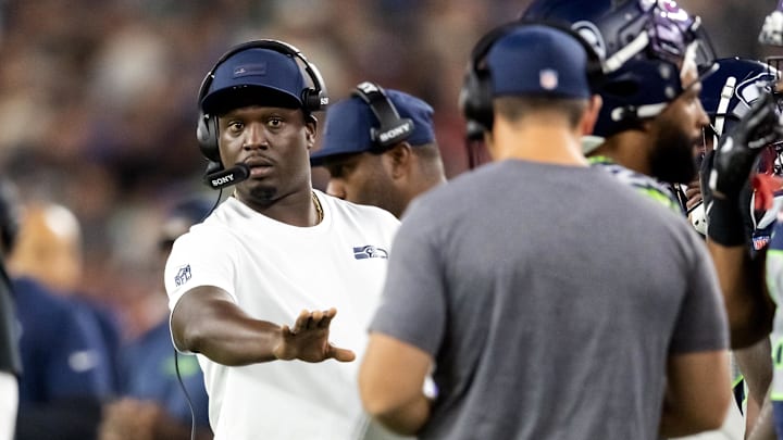 Sep 25, 2025; Glendale, Arizona, USA; Seattle Seahawks defensive backs coach Karl Scott against the Arizona Cardinals at State Farm Stadium. Mandatory Credit: Mark J. Rebilas-Imagn Images