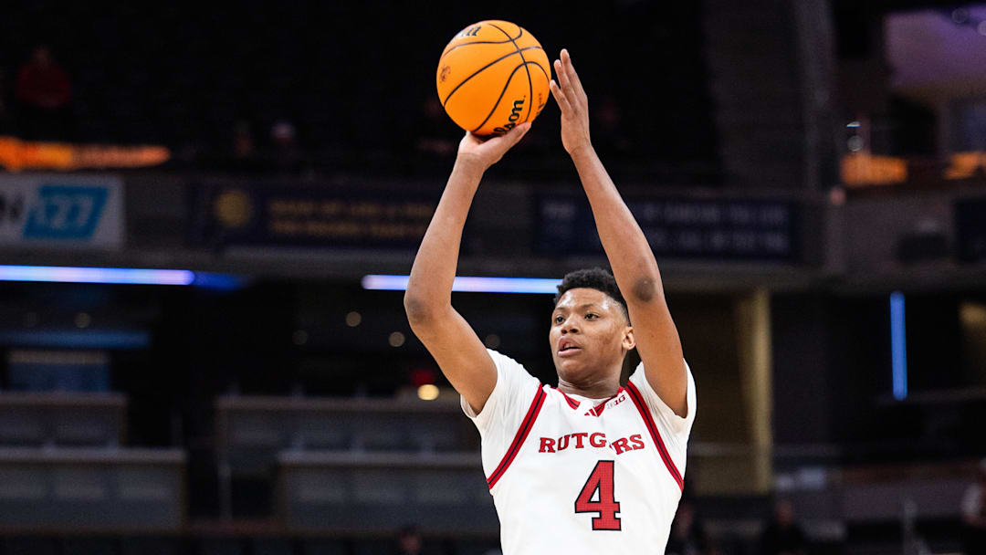 Mar 12, 2025; Indianapolis, IN, USA;  Rutgers Scarlet Knights guard Ace Bailey (4) shoots the ball in the second half against the USC Trojans at Gainbridge Fieldhouse. Mandatory Credit: Trevor Ruszkowski-Imagn Images