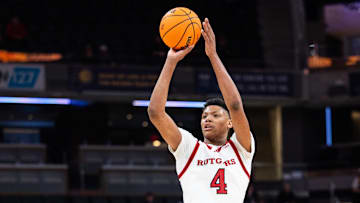 Mar 12, 2025; Indianapolis, IN, USA;  Rutgers Scarlet Knights guard Ace Bailey (4) shoots the ball in the second half against the USC Trojans at Gainbridge Fieldhouse. Mandatory Credit: Trevor Ruszkowski-Imagn Images