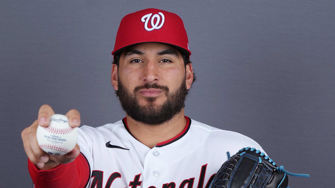 Feb 20, 2026; Palm Beach County, FL, USA;  Washington Nationals pitcher Andre Granillo (79) poses for a portrait during photo day at CACTI Park of the Palm Beaches. Mandatory Credit: Jim Rassol-Imagn Images