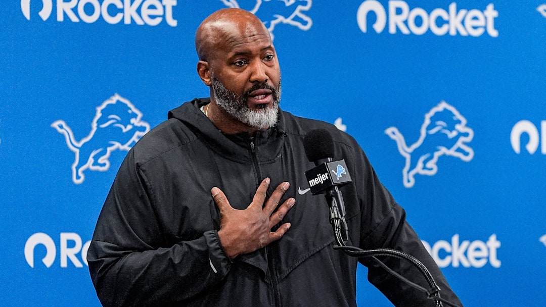 Detroit Lions executive vice president and general manager Brad Holmes speaks during media availability at Meijer Performance Center in Allen Park on Thursday, Jan. 8, 2026.