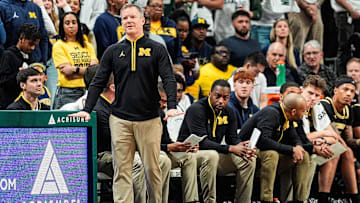 Michigan head coach Dusty May reacts to a play against Michigan State during the first half at Breslin Center in East Lansing on Sunday, March 9, 2025.