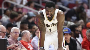 Mar 8, 2025; Houston, Texas, USA;  New Orleans Pelicans forward Zion Williamson (1) stands by the scorers table during the second quarter against the Houston Rockets at Toyota Center. Mandatory Credit: Troy Taormina-Imagn Images
