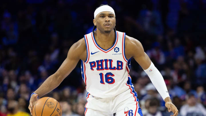 Feb 25, 2024; Philadelphia, Pennsylvania, USA; Philadelphia 76ers guard Ricky Council IV (16) controls the ball against the Milwaukee Bucks during the fourth quarter at Wells Fargo Center. Mandatory Credit: Bill Streicher-USA TODAY Sports