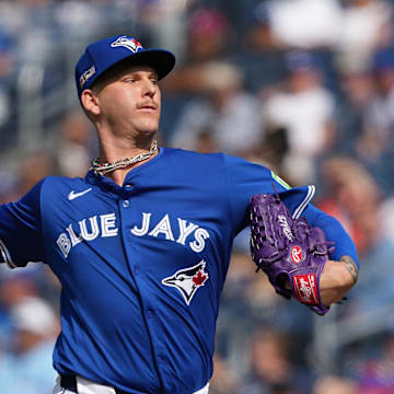 Sep 11, 2024; Toronto, Ontario, CAN; Toronto Blue Jays starting pitcher Bowden Francis (44) throws a pitch against the New York Mets during the first inning at Rogers Centre.