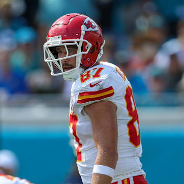 Sep 17, 2023; Jacksonville, Florida, USA;  Kansas City Chiefs tight end Travis Kelce (87) lines up against the Jacksonville Jaguars in the third quarter at EverBank Stadium. Mandatory Credit: Nathan Ray Seebeck-Imagn Images