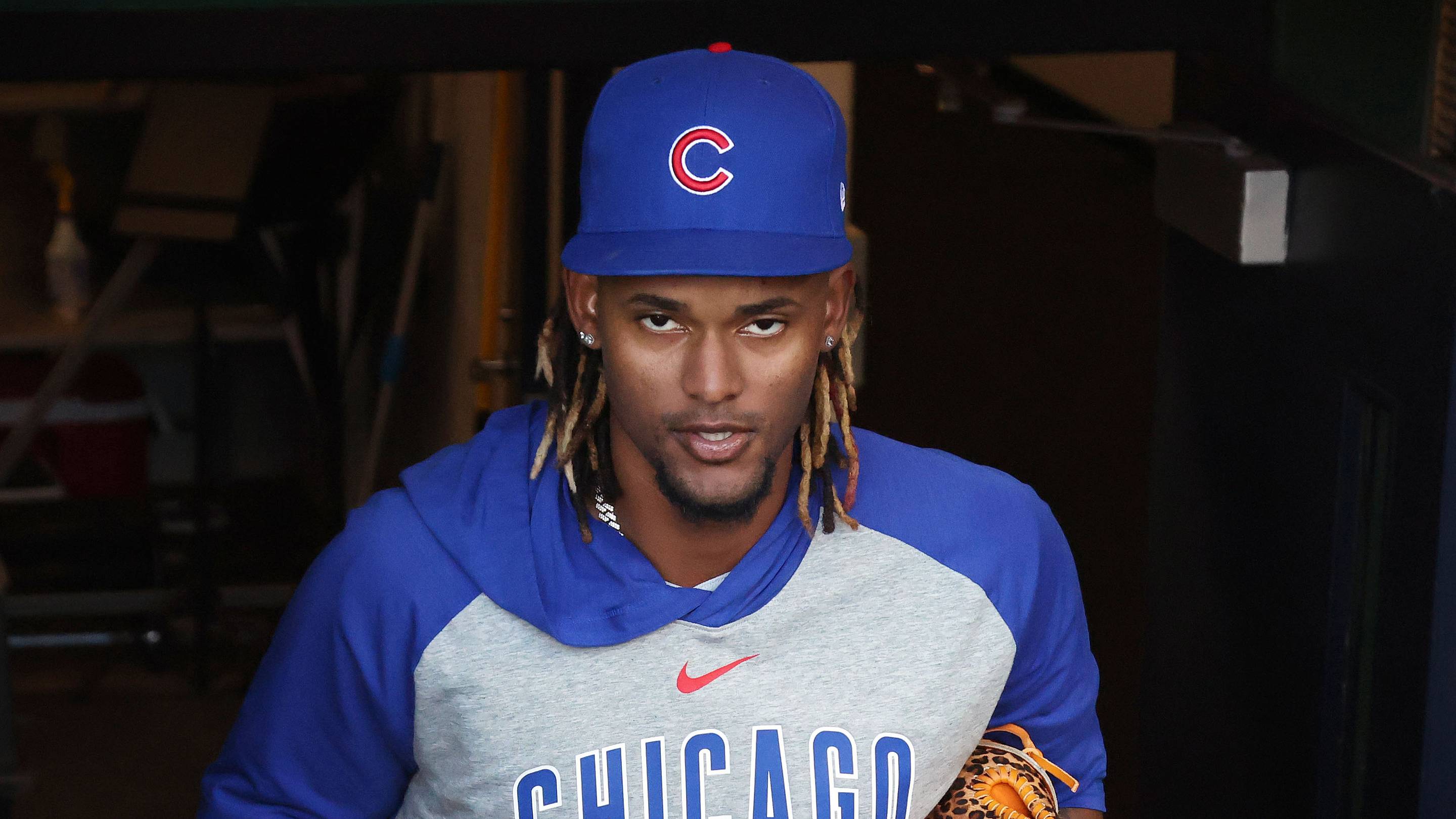 May 28, 2026; Pittsburgh, Pennsylvania, USA; Chicago Cubs outfielder Kevin Alcántara (13) enters the dugout to play the Pittsburgh Pirates at PNC Park. Mandatory Credit: Charles LeClaire-Imagn Images