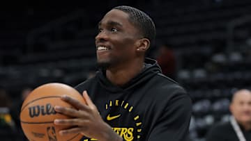Feb 12, 2025; Salt Lake City, Utah, USA;  Los Angeles Lakers guard Shake Milton (20) warms up before a game against the Utah Jazz at Delta Center. Mandatory Credit: Chris Nicoll-Imagn Images