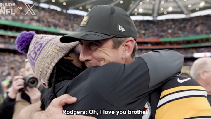 Aaron Rodgers and Aaron Jones had a special moment after the Steelers-Vikings game in Ireland. Aaron Rodgers and Aaron Jones had a special moment after the Steelers-Vikings game in Ireland.