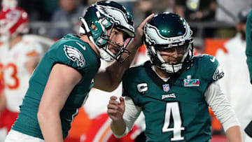Feb 12, 2023; Glendale, Arizona, US; Philadelphia Eagles punter Arryn Siposs (8) congratulates place kicker Jake Elliott (4) on his field goal against the Kansas City Chiefs during the third quarter of Super Bowl LVII at State Farm Stadium.
