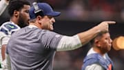 Dec 7, 2025; Atlanta, Georgia, USA; Seattle Seahawks head coach Mike MacDonald on the sideline against the Atlanta Falcons in the fourth quarter at Mercedes-Benz Stadium. Mandatory Credit: Brett Davis-Imagn Images