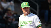 Oregon baseball Mark Wasikowski walks back to the dugout during the game against UCLA at PK Park in Eugene April 19, 2025