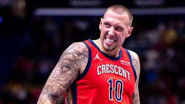 Nov 22, 2024; New Orleans, Louisiana, USA;  New Orleans Pelicans center Daniel Theis (10) reacts to a play against the Golden State Warriors during second half at Smoothie King Center. Mandatory Credit: Stephen Lew-Imagn Images