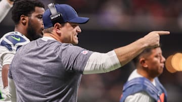 Dec 7, 2025; Atlanta, Georgia, USA; Seattle Seahawks head coach Mike MacDonald on the sideline against the Atlanta Falcons in the fourth quarter at Mercedes-Benz Stadium. Mandatory Credit: Brett Davis-Imagn Images