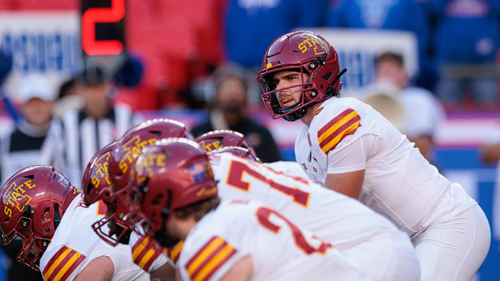 Nov 9, 2024; Kansas City, Missouri, USA; Iowa State Cyclones quarterback Rocco Becht (3) behind the line during the first quarter against the Kansas Jayhawks at GEHA Field at Arrowhead Stadium. Mandatory Credit: William Purnell-Imagn Images Nov 9, 2024; Kansas City, Missouri, USA; Iowa State Cyclones quarterback Rocco Becht (3) behind the line during the first quarter against the Kansas Jayhawks at GEHA Field at Arrowhead Stadium. Mandatory Credit: William Purnell-Imagn Images