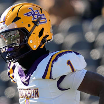 Dec 6, 2024; Birmingham, AL, USA; Jackson's Landon Duckworth (1) looks to the sidelines for a play during the game with Cherokee County at Protective Stadium in the AHSAA 4A State Championship game.
