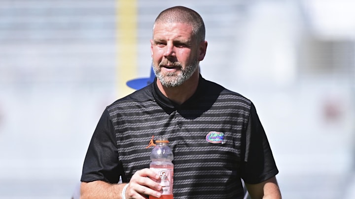Sep 21, 2024; Starkville, Mississippi, USA; Florida Gators head coach Billy Napier walks from the field after a game against the Mississippi State Bulldogs at Davis Wade Stadium at Scott Field. Mandatory Credit: Matt Bush-Imagn Images