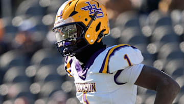 Dec 6, 2024; Birmingham, AL, USA; Jackson's Landon Duckworth (1) looks to the sidelines for a play during the game with Cherokee County at Protective Stadium in the AHSAA 4A State Championship game.