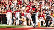 Nov 16, 2024; Tuscaloosa, Alabama, USA; Alabama Crimson Tide tight end Robbie Ouzts (45) scores a touchdown against the Mercer Bears during the second quarter at Bryant-Denny Stadium. Mandatory Credit: Will McLelland-Imagn Images