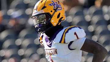 Dec 6, 2024; Birmingham, AL, USA; Jackson's Landon Duckworth (1) looks to the sidelines for a play during the game with Cherokee County at Protective Stadium in the AHSAA 4A State Championship game.