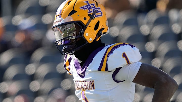 Dec 6, 2024; Birmingham, AL, USA; Jackson's Landon Duckworth (1) looks to the sidelines for a play during the game with Cherokee County at Protective Stadium in the AHSAA 4A State Championship game.