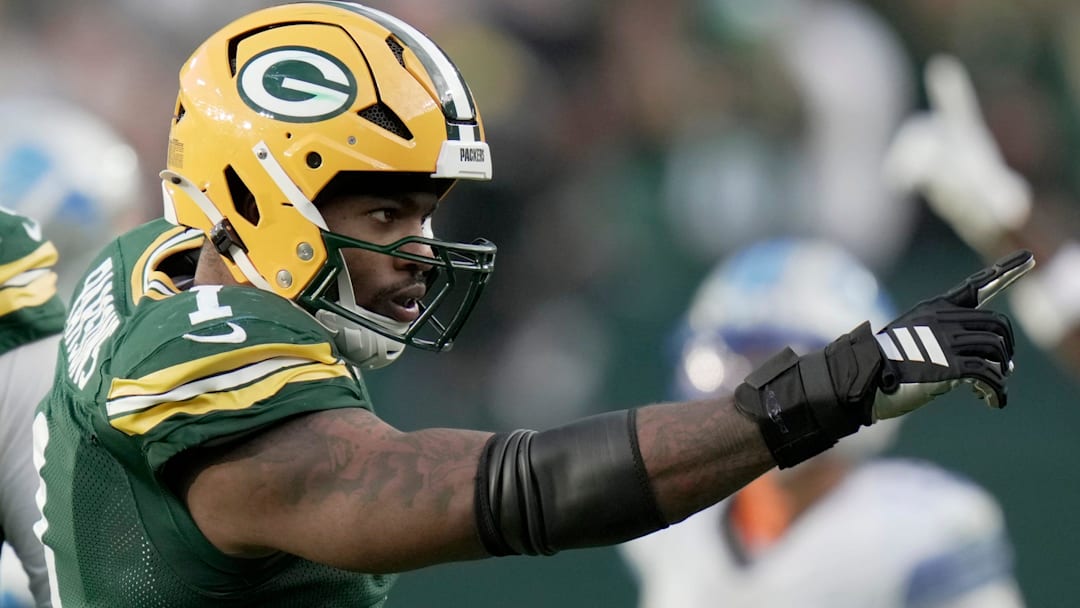 Green Bay Packers defensive end Micah Parsons (1) is shown after making a sack during the fourth quarter of their game Sunday, September 7, 2025, at Lambeau Field in Green Bay, Wisconsin. The Green Bay Packers beat the Detroit Lions 27-13.